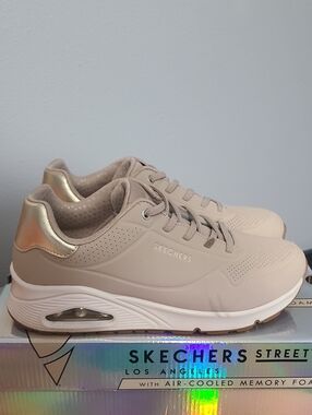Skechers Women's Beige Platform Sneaker with Metallic Heel Accent